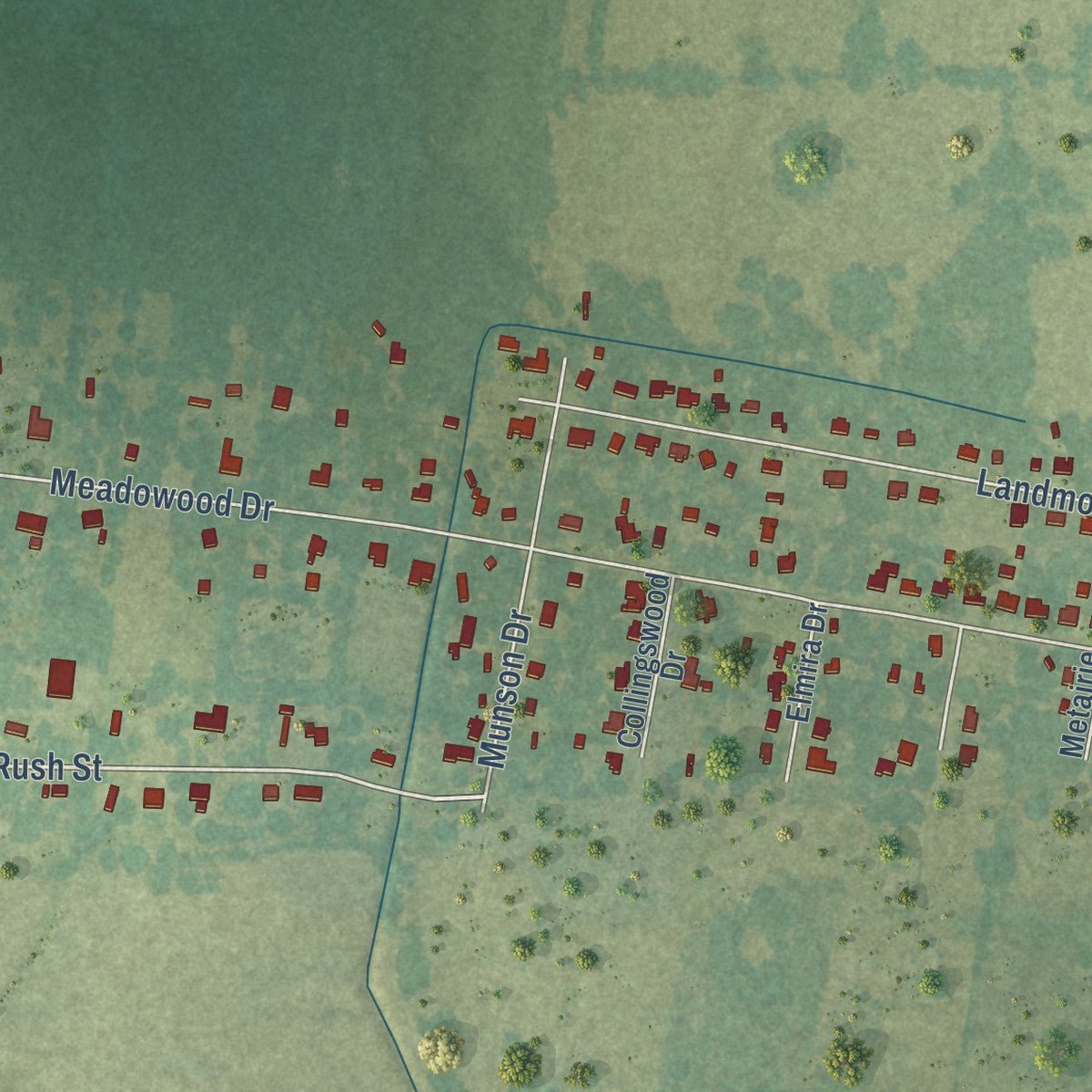 Second close-up of the map of Slaughter, Louisiana print showing more streets and buildings