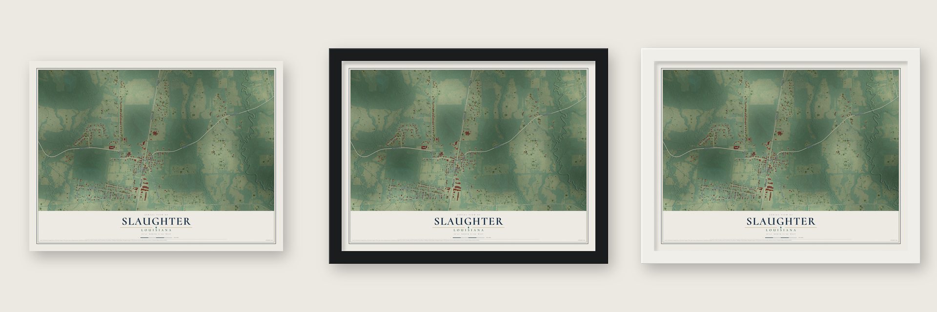 Slaughter, Louisiana map unframed, in a black wood frame and in a white wood frame