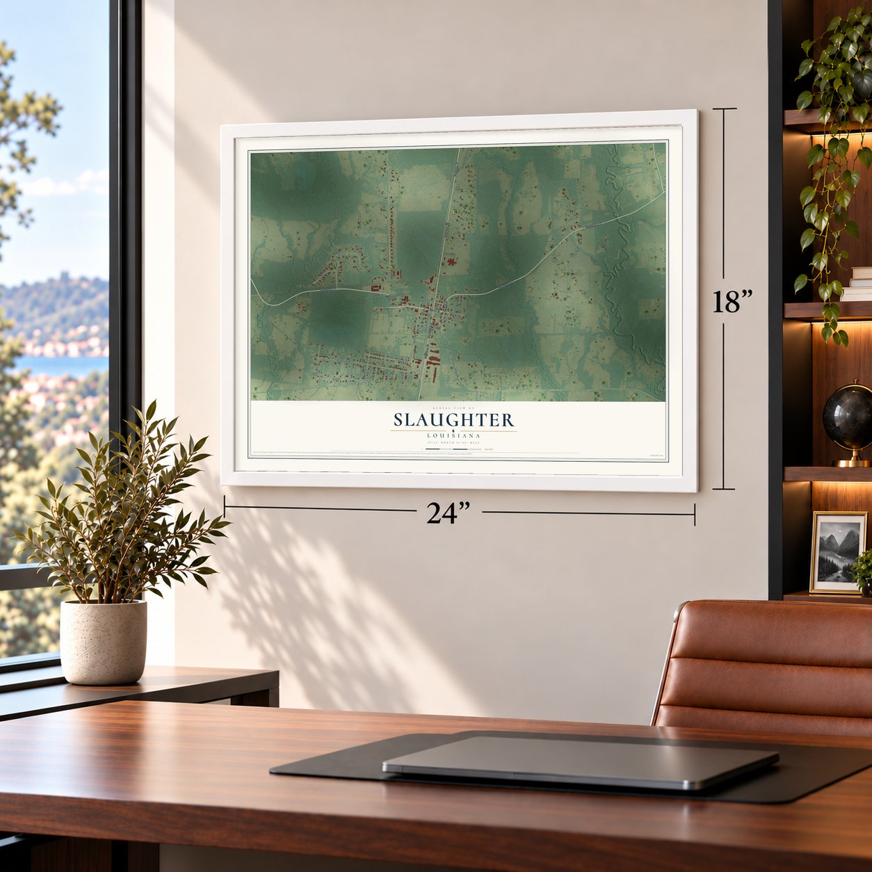 Slaughter, Louisiana map, 18 x 24 inch print in a white frame in a home office