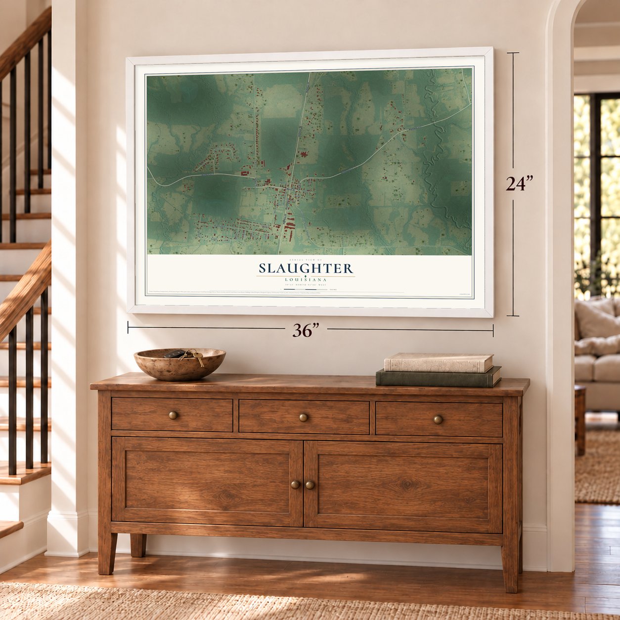 Slaughter, Louisiana map, 24 x 36 inch print in a white frame above a dresser by a staircase