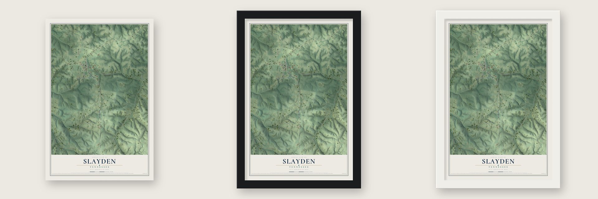 Slayden, Tennessee map unframed, in a black wood frame and in a white wood frame