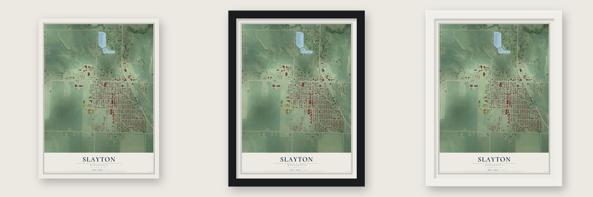 Slayton, Minnesota map unframed, in a black wood frame and in a white wood frame