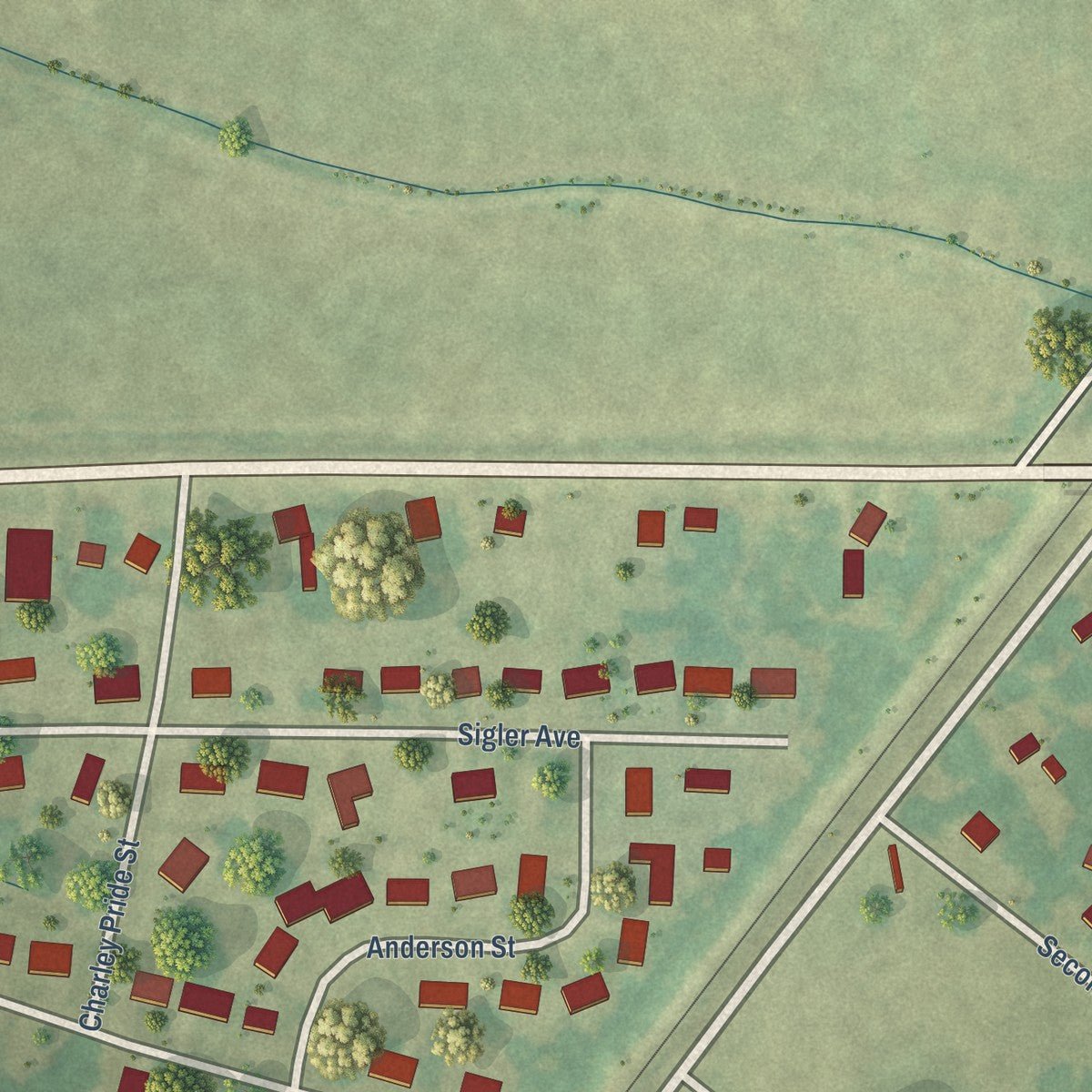 Second close-up of the map of Sledge, Mississippi print showing more streets and buildings