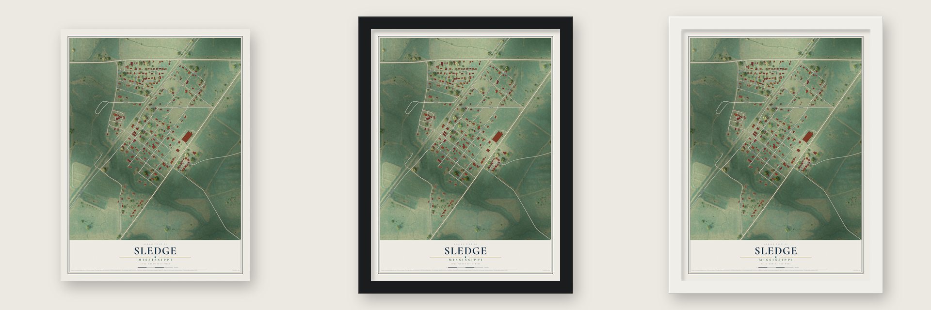 Sledge, Mississippi map unframed, in a black wood frame and in a white wood frame