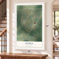 Sledge, Mississippi map, 24 x 36 inch print in a white frame by a staircase