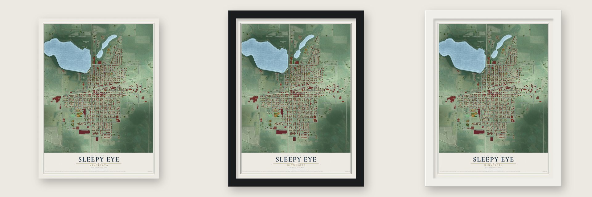 Sleepy Eye, Minnesota map unframed, in a black wood frame and in a white wood frame