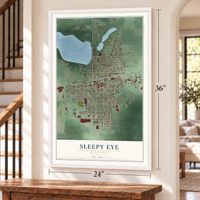 Sleepy Eye, Minnesota map, 24 x 36 inch print in a white frame by a staircase