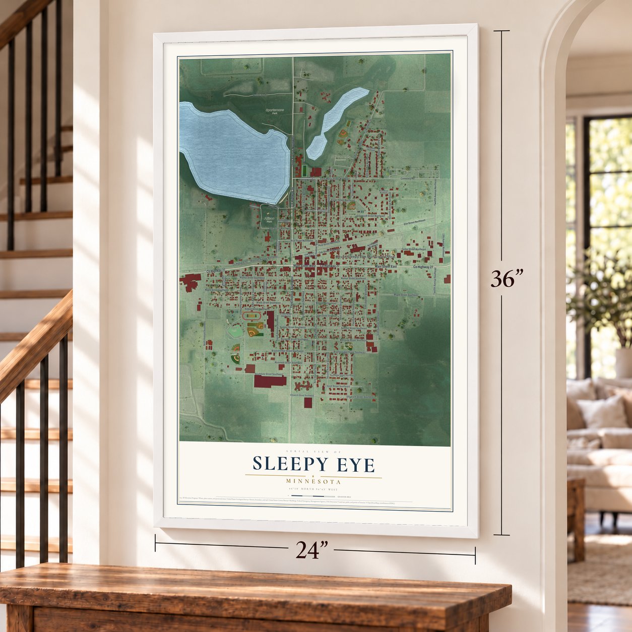Sleepy Eye, Minnesota map, 24 x 36 inch print in a white frame by a staircase