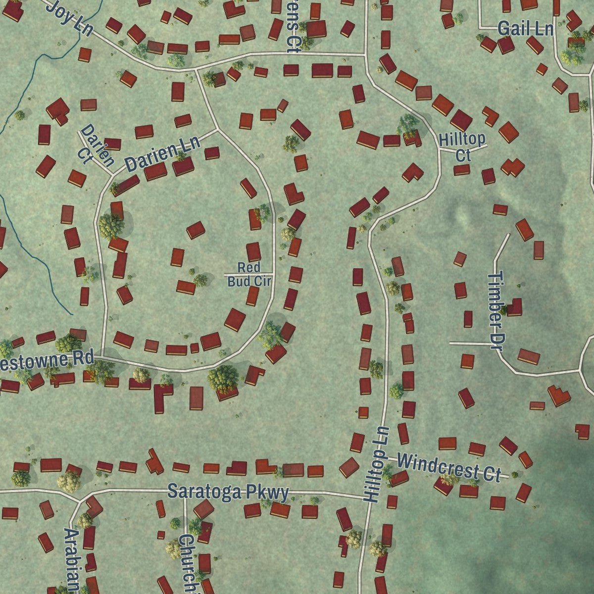 Second close-up of the map of Sleepy Hollow, Illinois print showing more streets and buildings