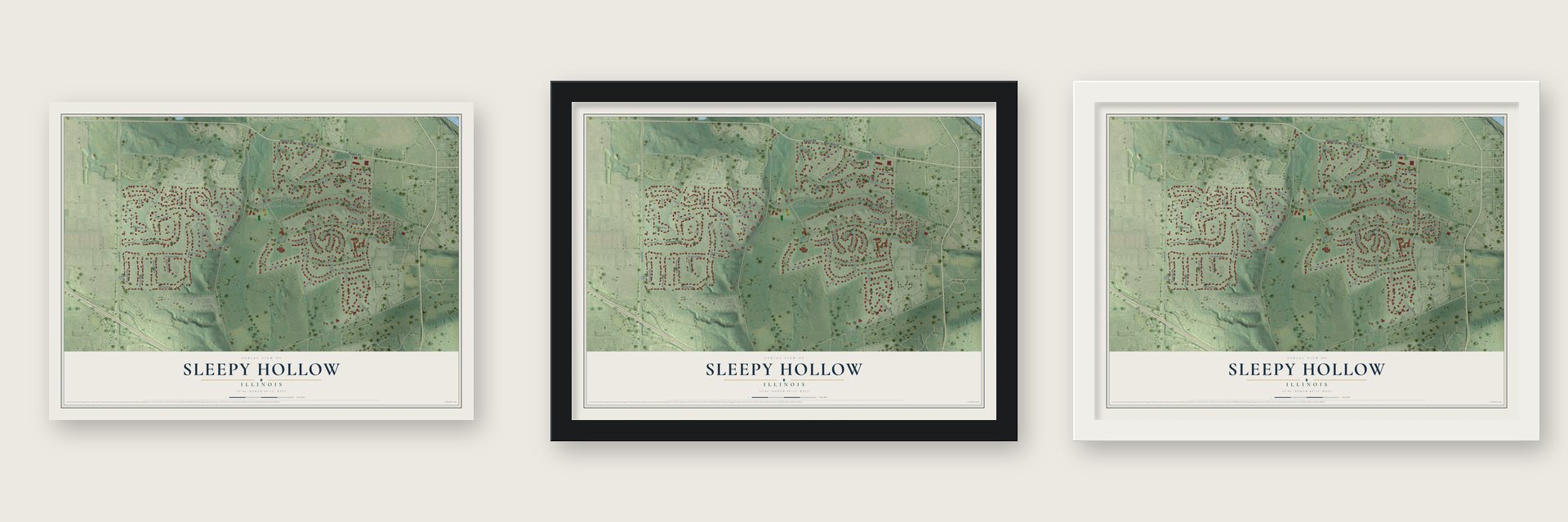 Sleepy Hollow, Illinois map unframed, in a black wood frame and in a white wood frame