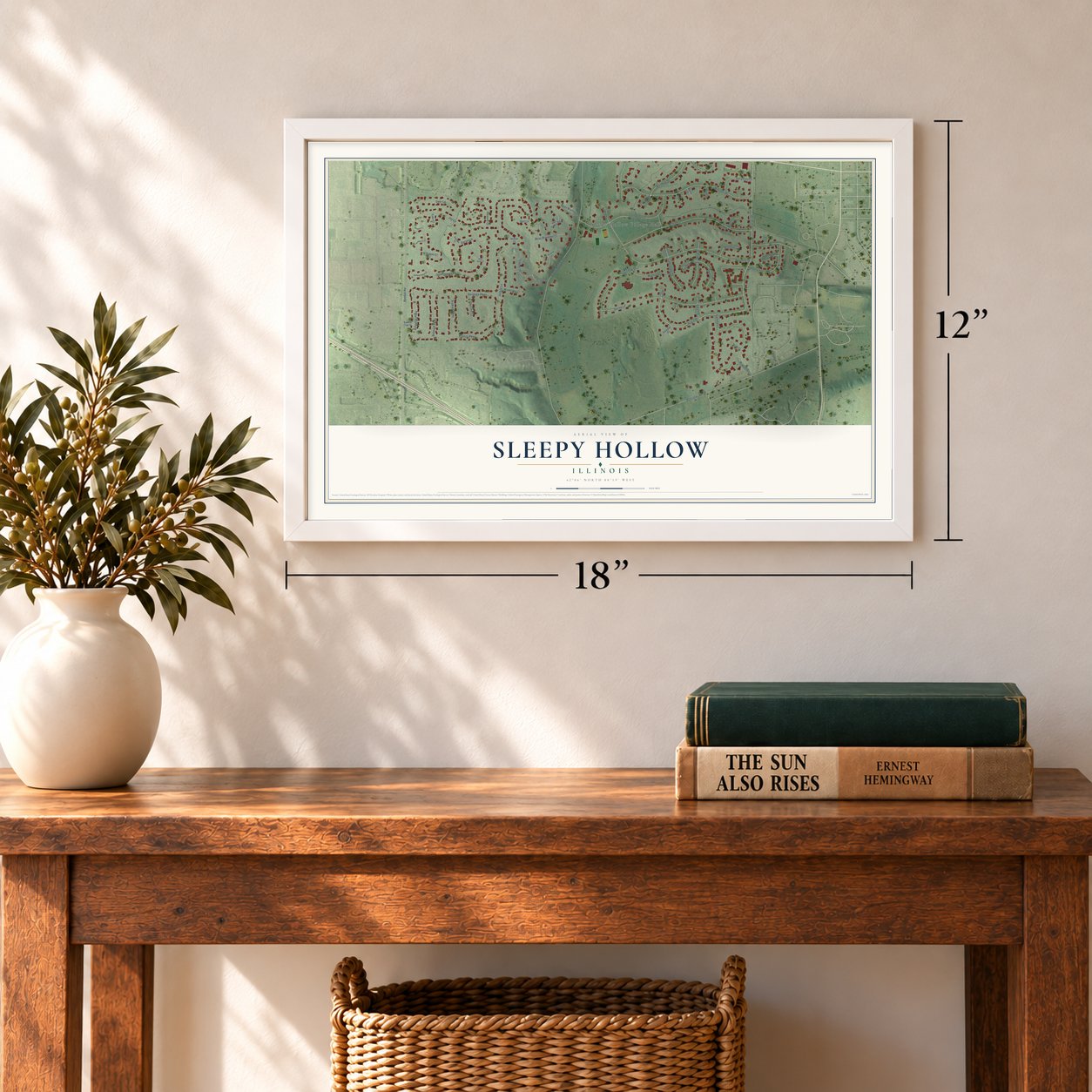 Sleepy Hollow, Illinois map, 12 x 18 inch print in a white frame in an entryway