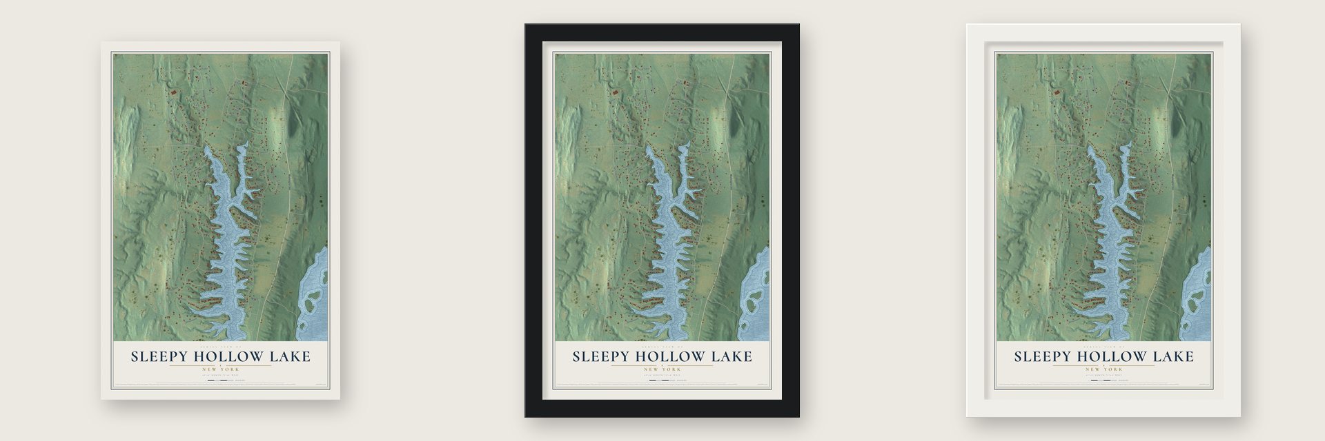 Sleepy Hollow Lake, New York map unframed, in a black wood frame and in a white wood frame