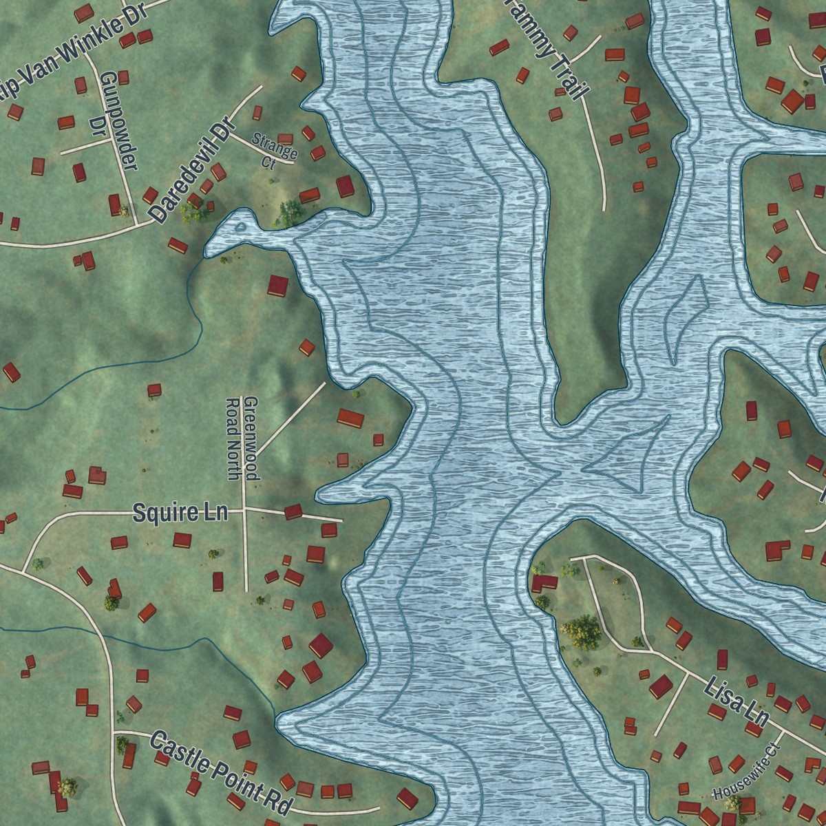Second close-up of the map of Sleepy Hollow Lake, New York print showing more streets and buildings
