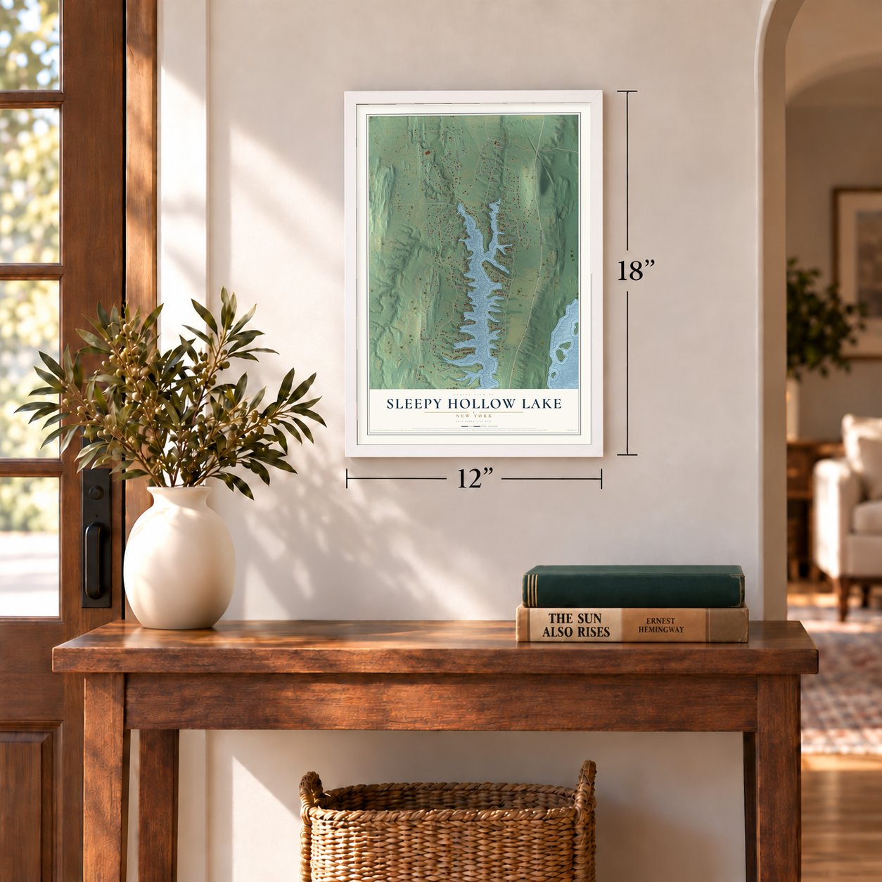Sleepy Hollow Lake, New York map, 12 x 18 inch print in a white frame in an entryway