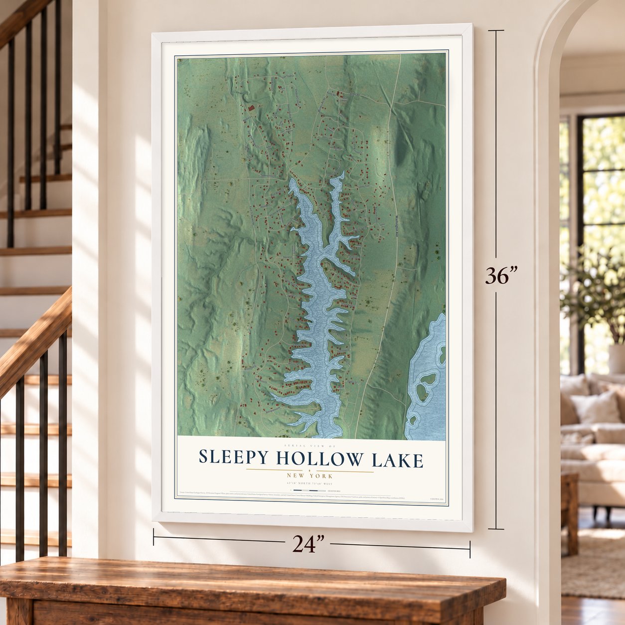 Sleepy Hollow Lake, New York map, 24 x 36 inch print in a white frame by a staircase