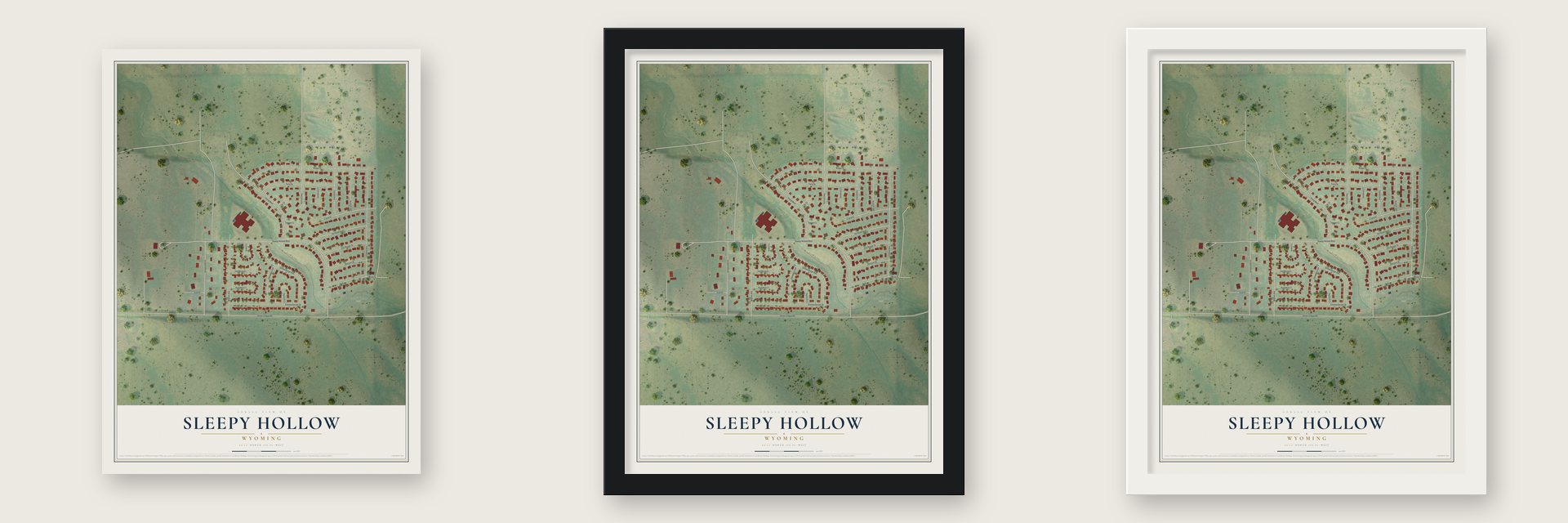 Sleepy Hollow, Wyoming map unframed, in a black wood frame and in a white wood frame