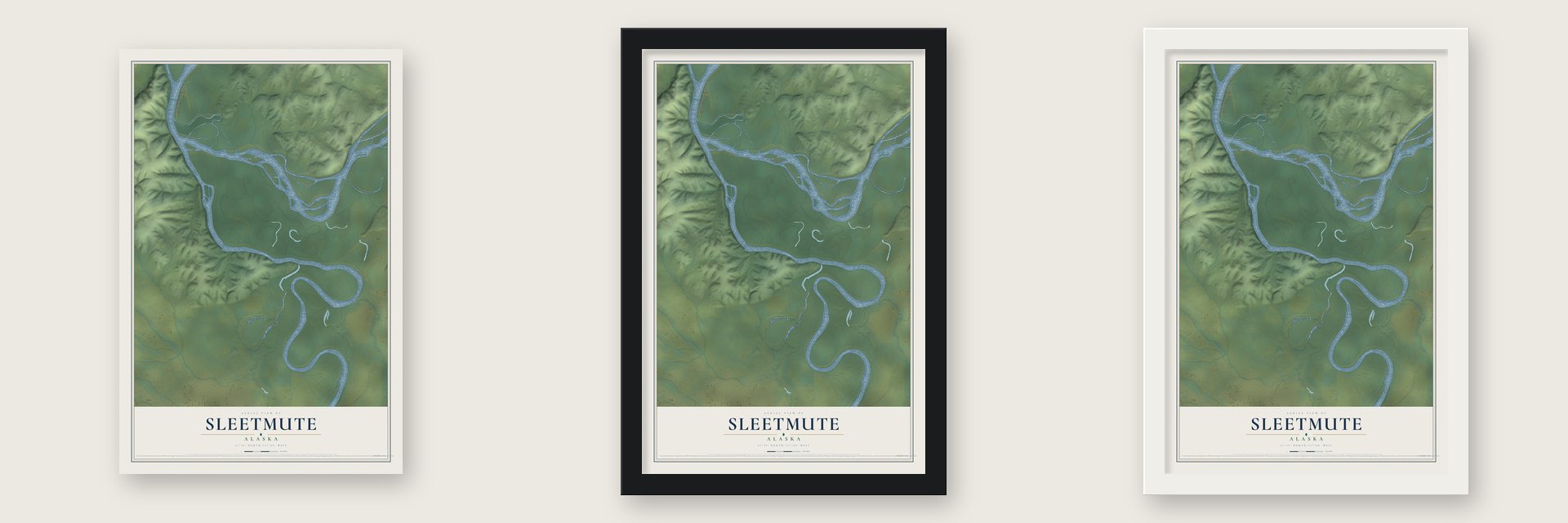 Sleetmute, Alaska map unframed, in a black wood frame and in a white wood frame