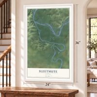 Sleetmute, Alaska map, 24 x 36 inch print in a white frame by a staircase