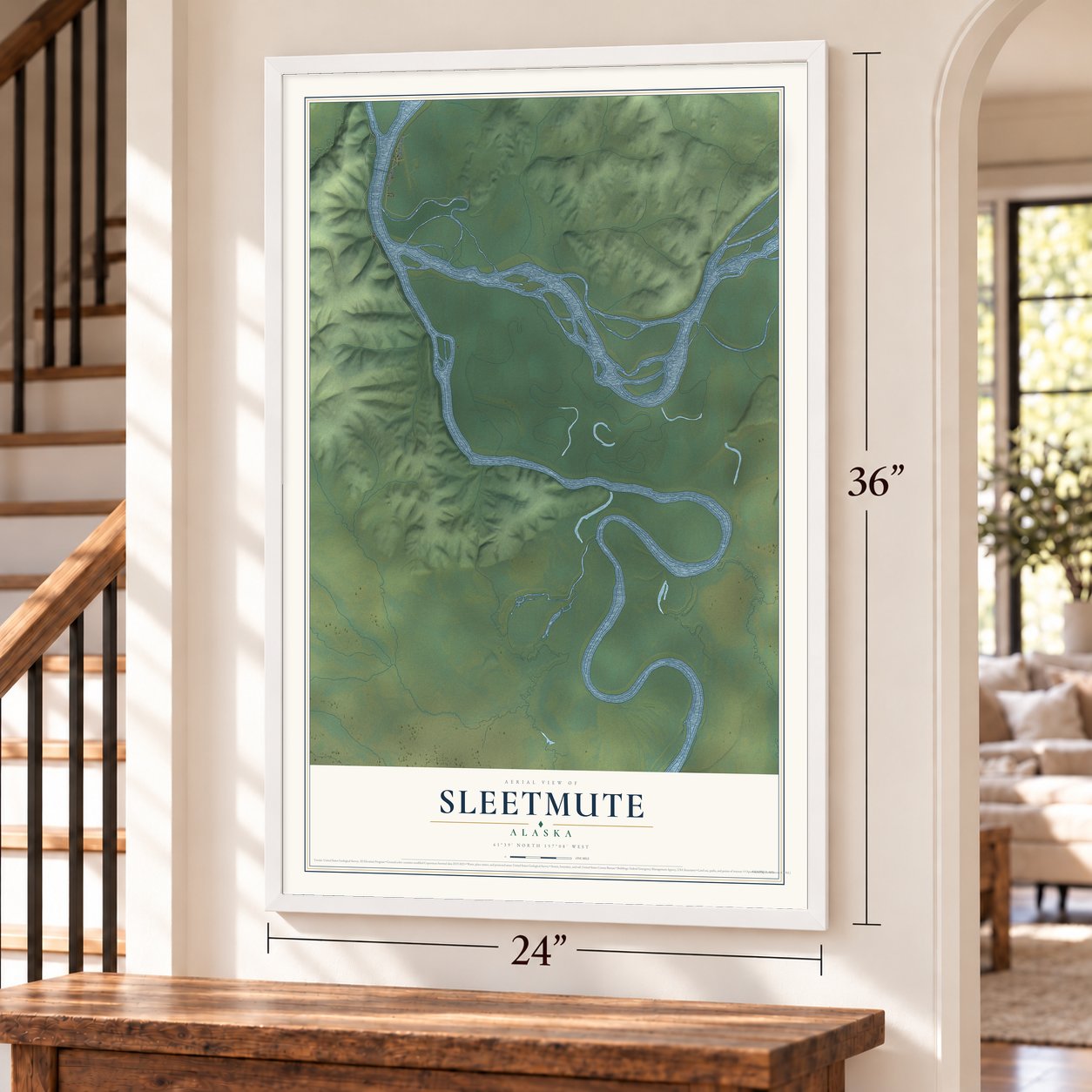 Sleetmute, Alaska map, 24 x 36 inch print in a white frame by a staircase