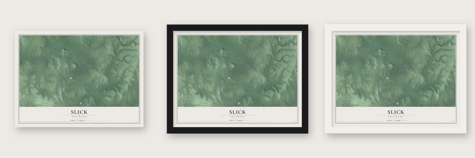 Slick, Oklahoma map unframed, in a black wood frame and in a white wood frame