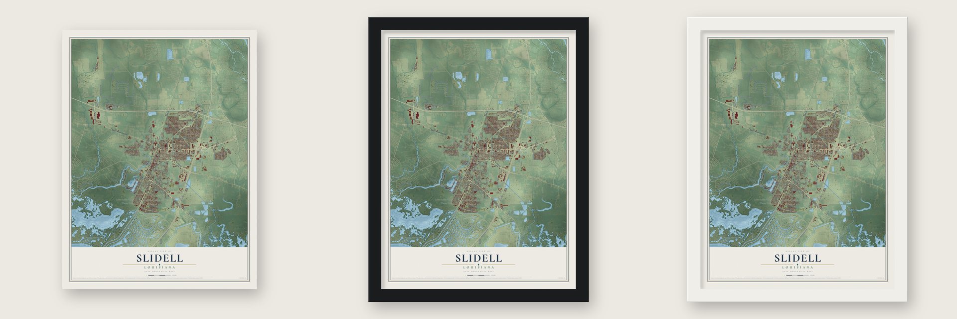 Slidell, Louisiana map unframed, in a black wood frame and in a white wood frame