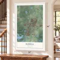 Slidell, Louisiana map, 24 x 36 inch print in a white frame by a staircase