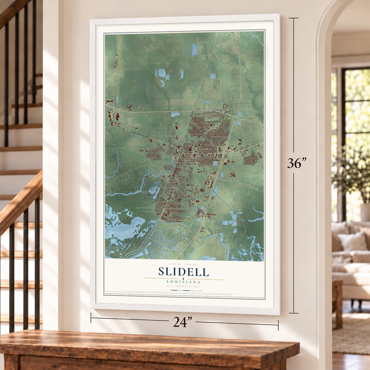 Slidell, Louisiana map, 24 x 36 inch print in a white frame by a staircase