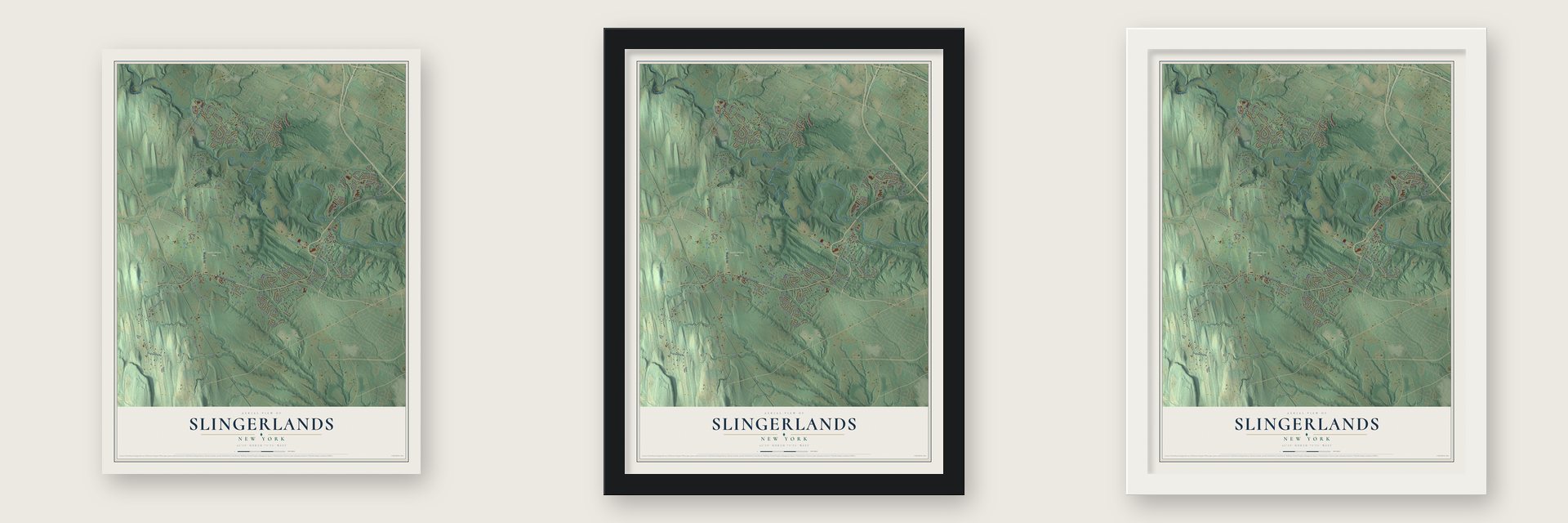 Slingerlands, New York map unframed, in a black wood frame and in a white wood frame