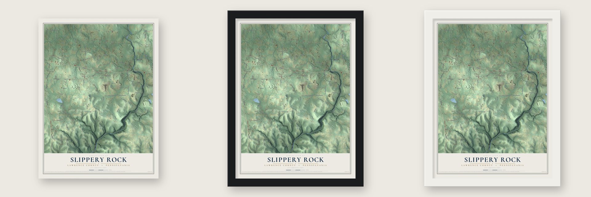 Slippery Rock, Lawrence County, Pennsylvania map unframed, in a black wood frame and in a white wood frame