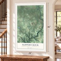 Slippery Rock, Lawrence County, Pennsylvania map, 24 x 36 inch print in a white frame by a staircase