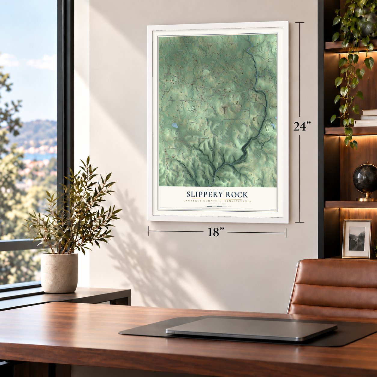 Slippery Rock, Lawrence County, Pennsylvania map, 18 x 24 inch print in a white frame in a home office