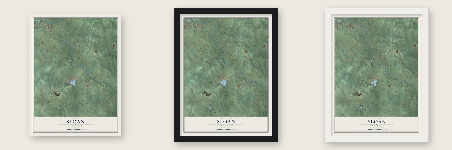 Sloan, Arkansas map unframed, in a black wood frame and in a white wood frame