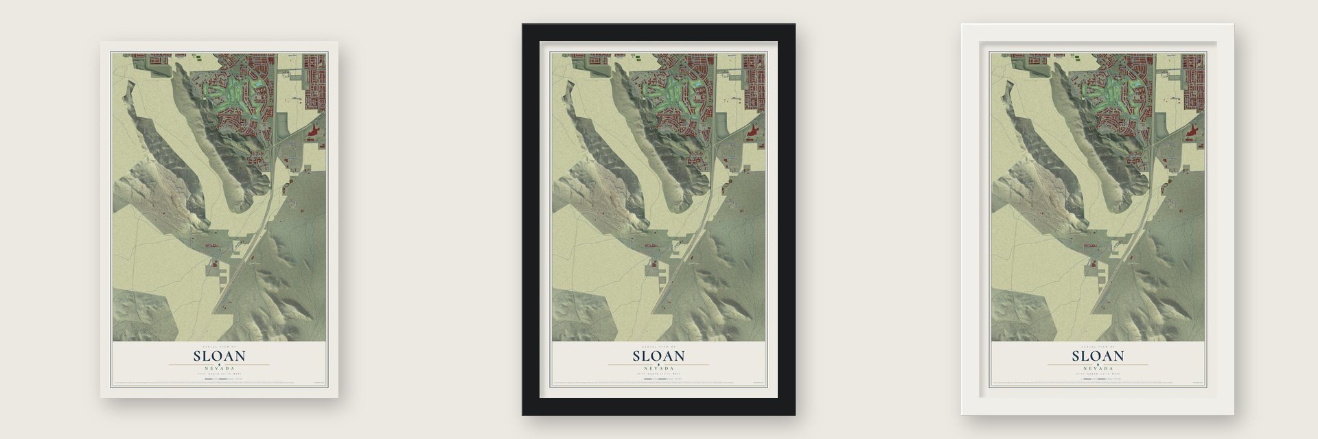Sloan, Nevada map unframed, in a black wood frame and in a white wood frame
