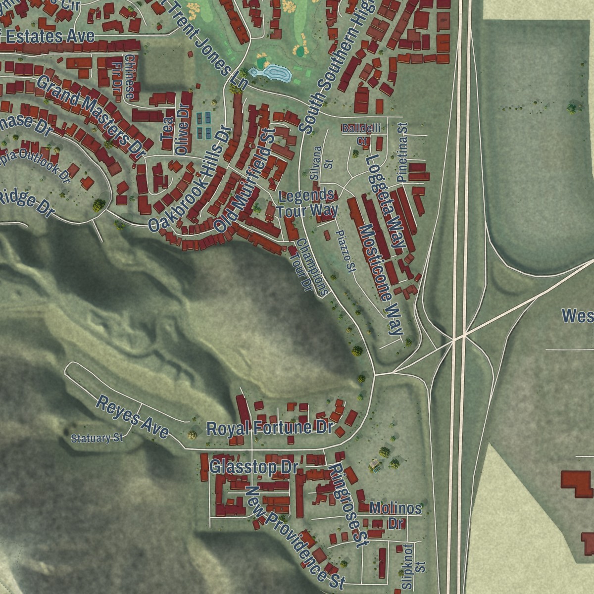 Second close-up of the map of Sloan, Nevada print showing more streets and buildings