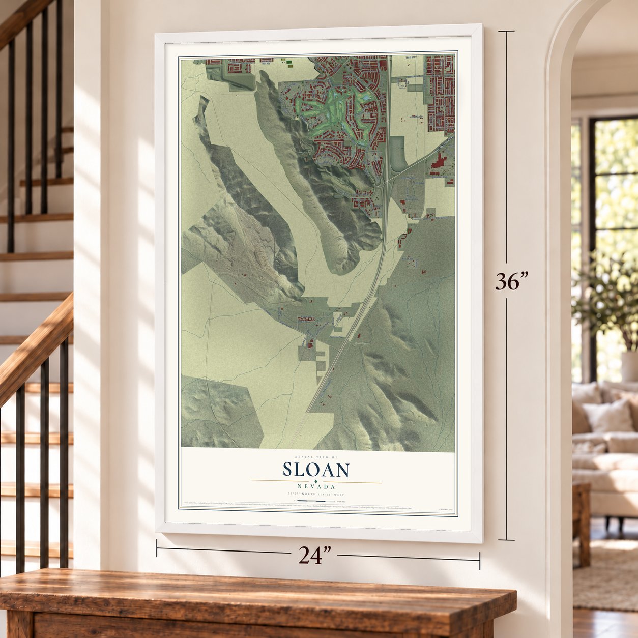 Sloan, Nevada map, 24 x 36 inch print in a white frame by a staircase