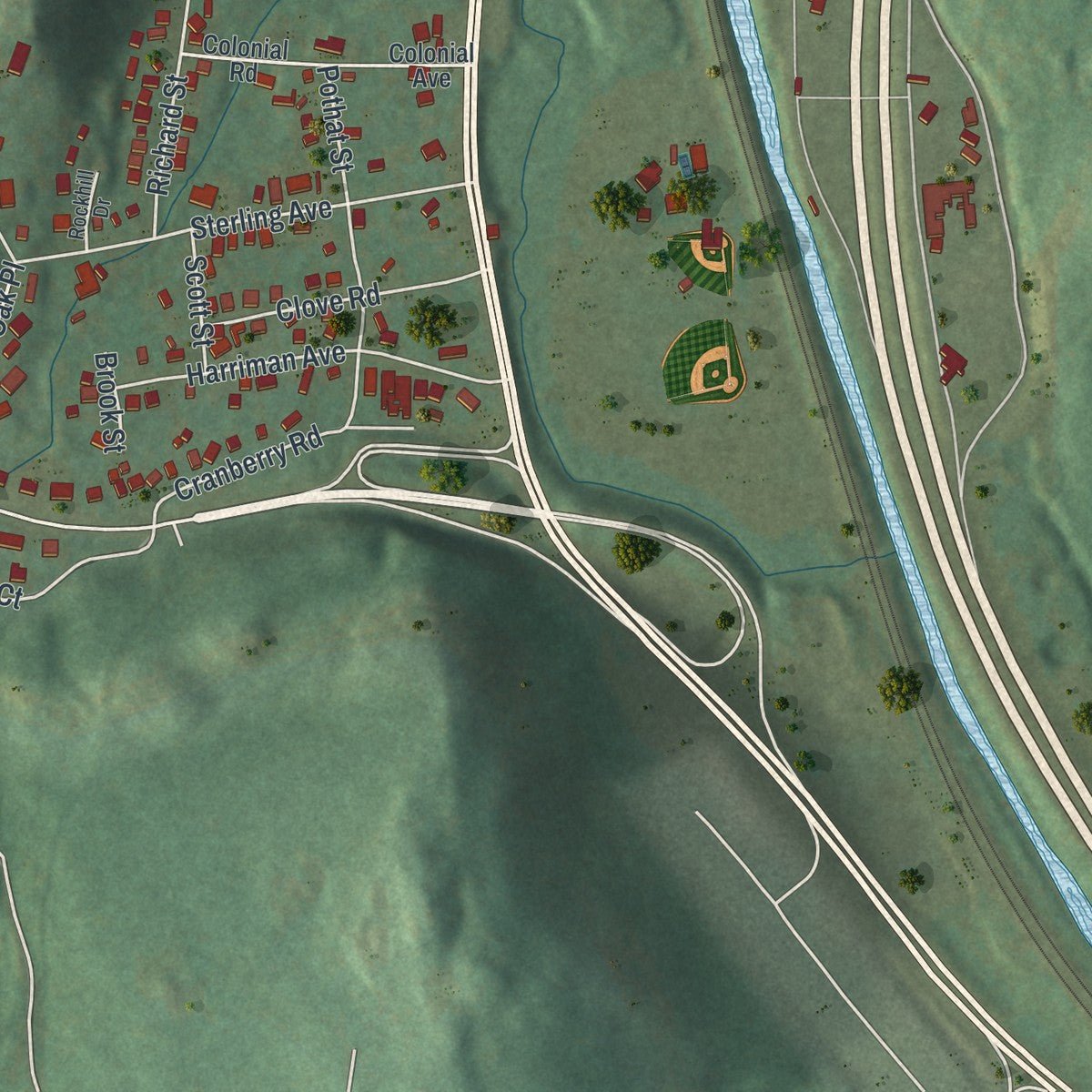 Second close-up of the map of Sloatsburg, New York print showing more streets and buildings