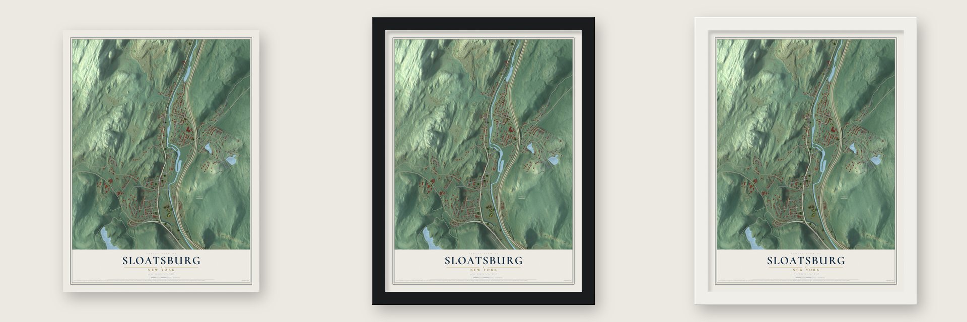 Sloatsburg, New York map unframed, in a black wood frame and in a white wood frame