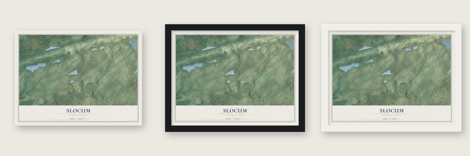 Slocum, Pennsylvania map unframed, in a black wood frame and in a white wood frame