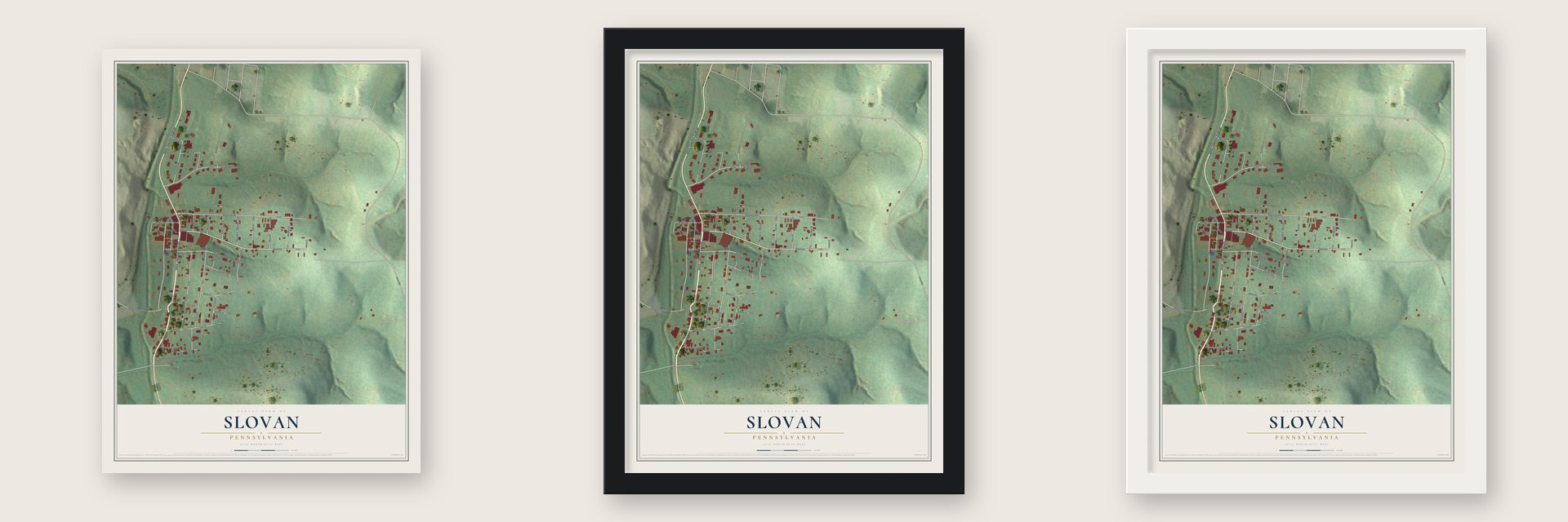 Slovan, Pennsylvania map unframed, in a black wood frame and in a white wood frame