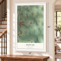 Slovan, Pennsylvania map, 24 x 36 inch print in a white frame by a staircase