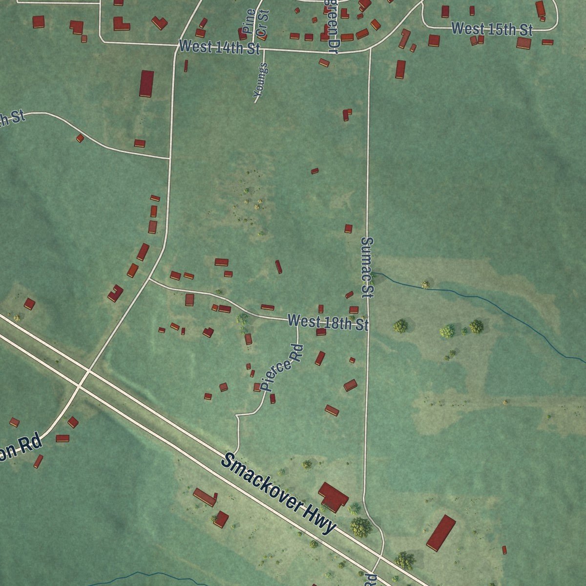 Second close-up of the map of Smackover, Arkansas print showing more streets and buildings