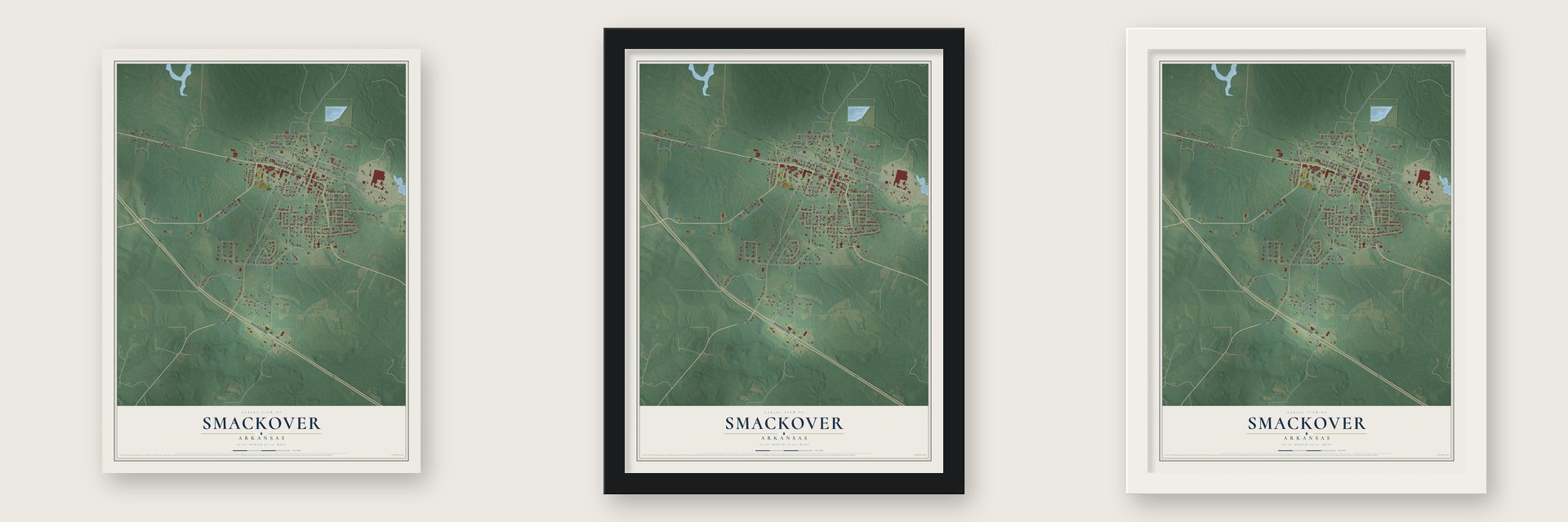 Smackover, Arkansas map unframed, in a black wood frame and in a white wood frame