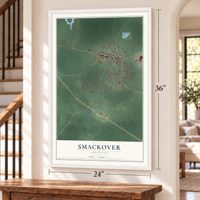 Smackover, Arkansas map, 24 x 36 inch print in a white frame by a staircase