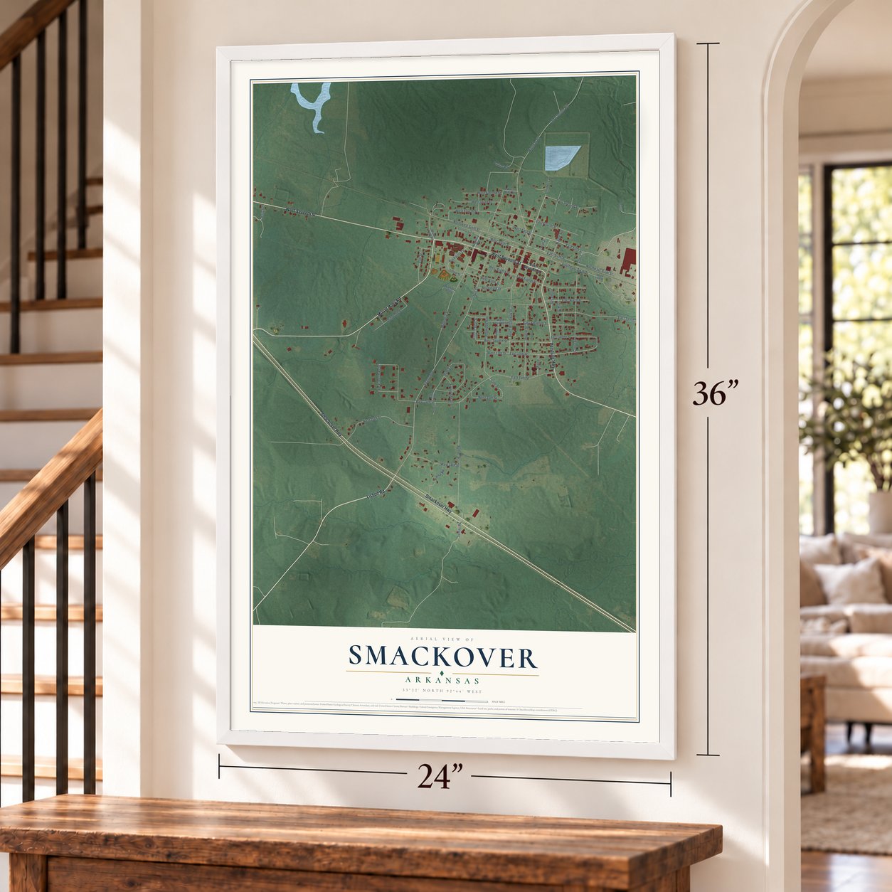 Smackover, Arkansas map, 24 x 36 inch print in a white frame by a staircase