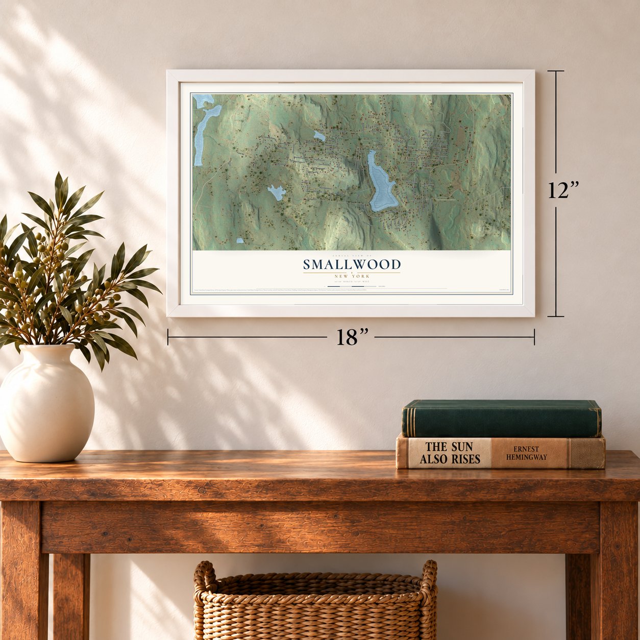 Smallwood, New York map, 12 x 18 inch print in a white frame in an entryway