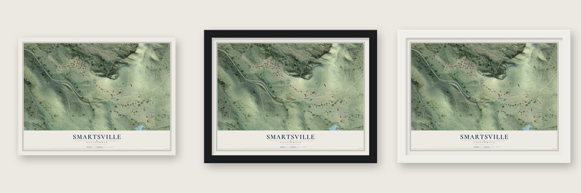 Smartsville, California map unframed, in a black wood frame and in a white wood frame