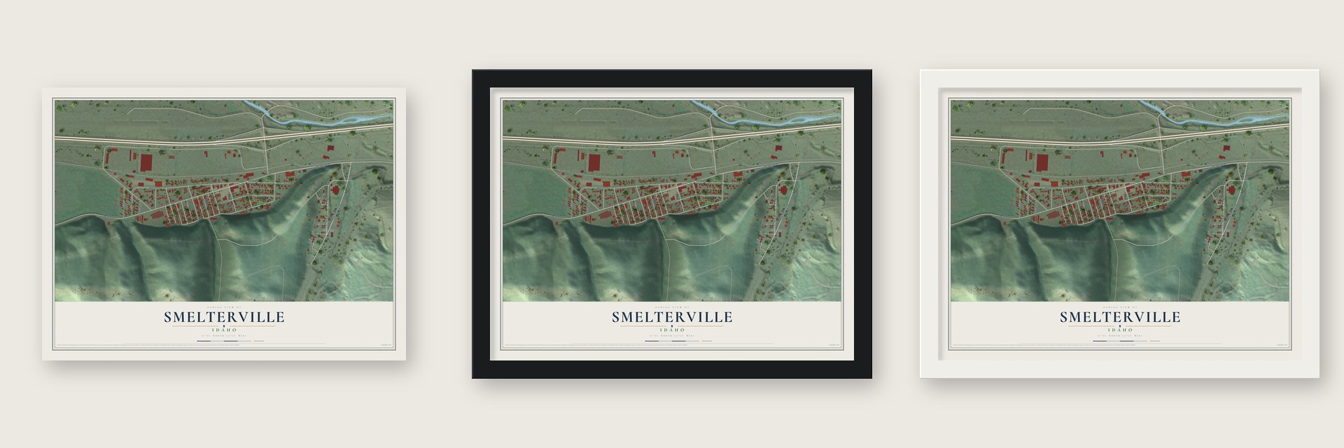 Smelterville, Idaho map unframed, in a black wood frame and in a white wood frame