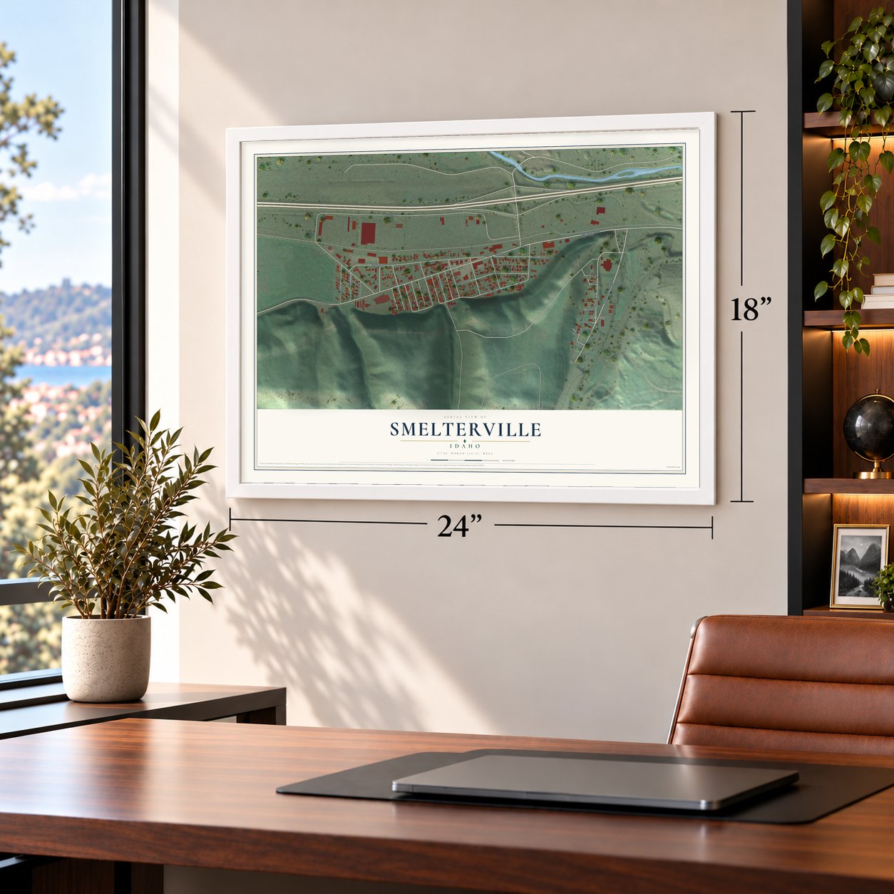 Smelterville, Idaho map, 18 x 24 inch print in a white frame in a home office