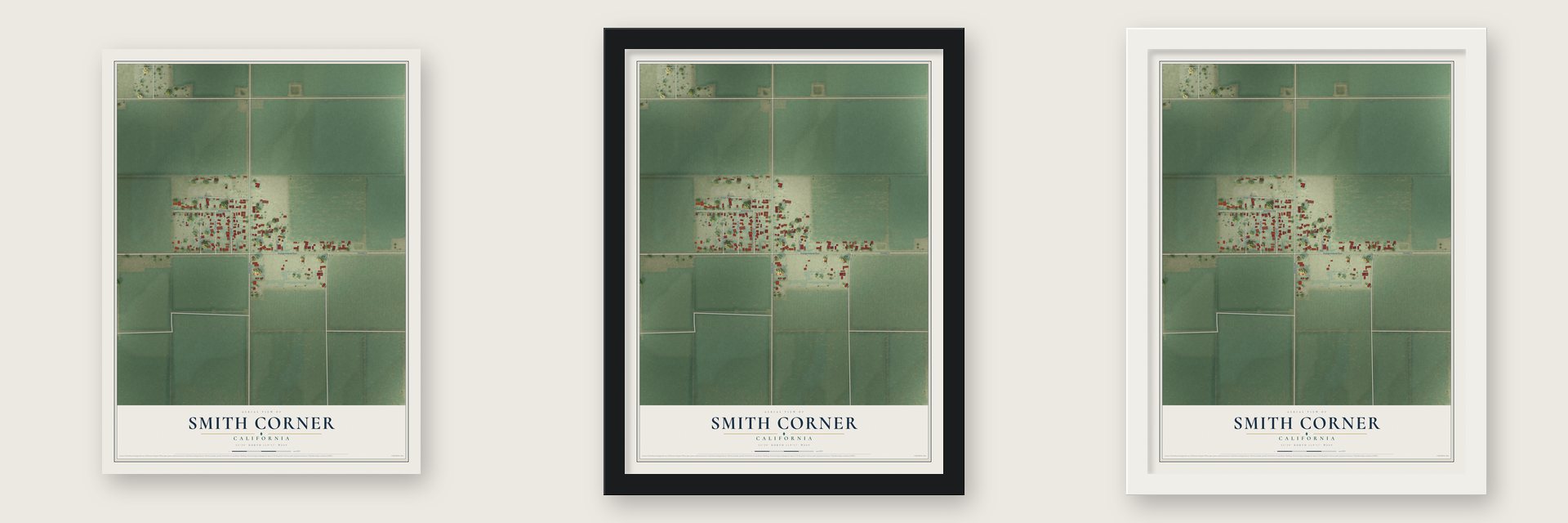 Smith Corner, California map unframed, in a black wood frame and in a white wood frame