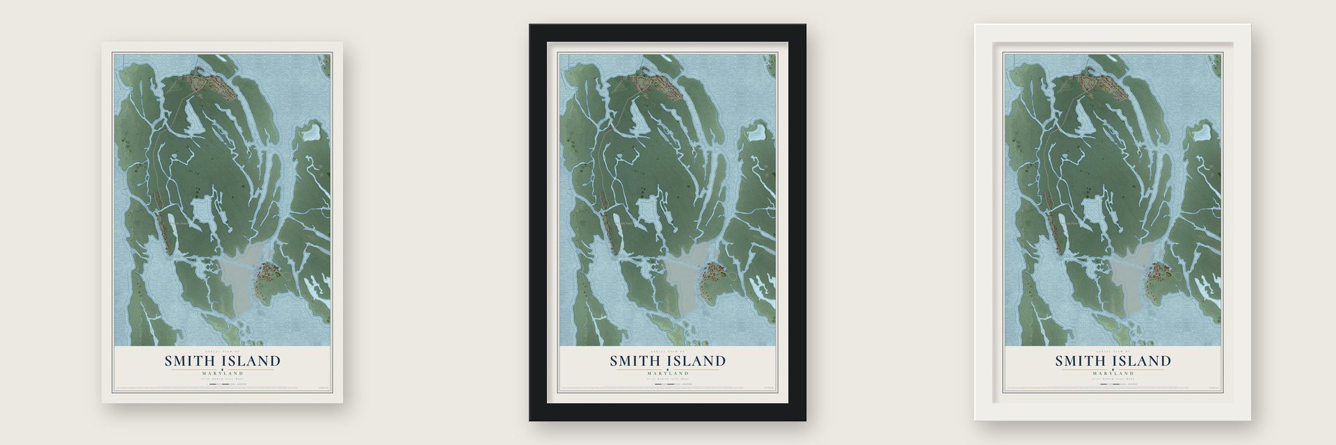 Smith Island, Maryland map unframed, in a black wood frame and in a white wood frame